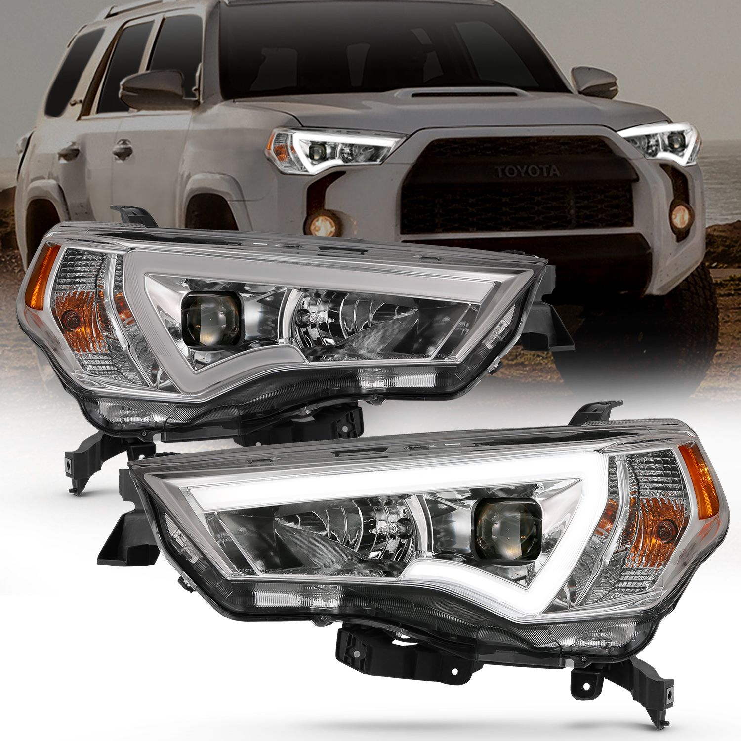 TOYOTA 4RUNNER 14-21 PROJECTOR LIGHT BAR STYLE HEADLIGHTS CHROME CLEAR AMBER